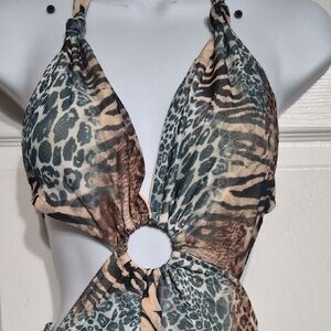 Halter Cut Out Dress Green And Brown Cheetah Print Sexy High Slit NWOT Size S